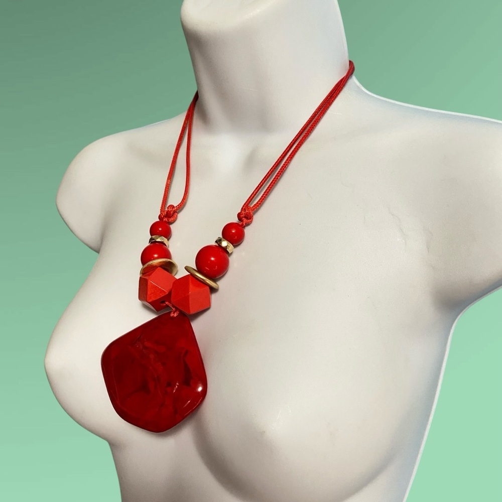 Red Acrylic & Wood Bead Statement Chunky Necklace